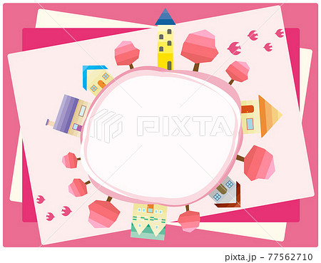 シンプルな街並みのベクターイラスト　枠　背景 　春 77562710