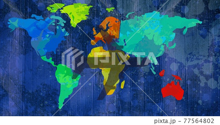 Composition of airplane shadow over multi coloured world map on dark blue splodgy background 77564802