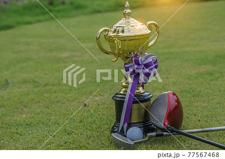 Golf champion trophy on green grass with golf clubs and golf ball in beautiful golf course. Golf champion trophy on green grass with golf clubs and golf ball in beautiful golf course. 77567468