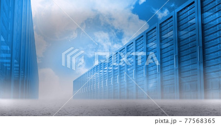 Multiple computer servers over blue sky background, data processing and technology concepts 77568365