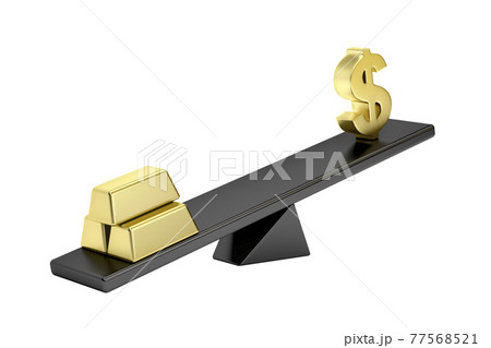 Gold bars and dollar sign on seesaw 77568521