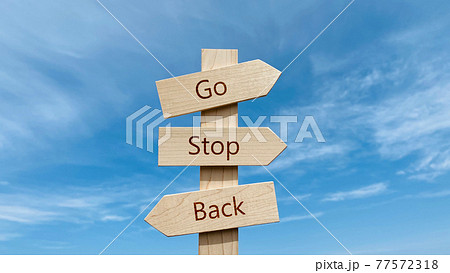 3方向の道しるべにGo Stop Backの文字	 77572318