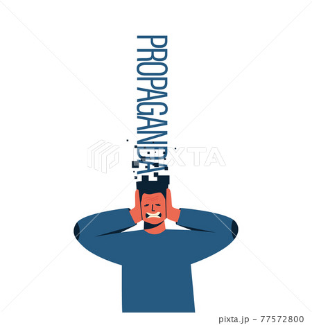 Propaganda concept, influence and control of public opinion. Man closes his ears. Emotion of anger or fear. Too much information. Vector flat illustration isolated on white background. 77572800