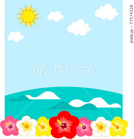 ハイビスカスと太陽と海の背景イラストのイラスト素材