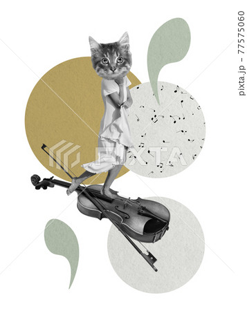 Contemporary art collage, modern design. Retro style. Cute cat with female body standing on giant violin on pastel color background Contemporary art collage, modern design. Retro style. Cute cat with female body standing on giant violin on pastel color background 77575060