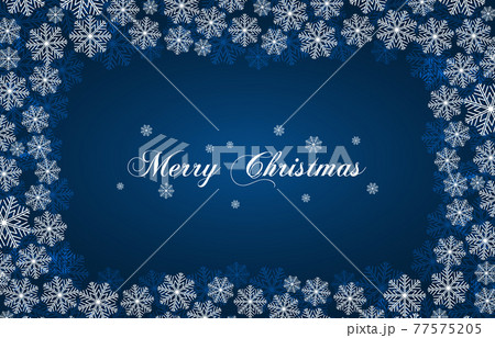 Blue New Year background with white snowflakes and inscription Merry Christmas. Snowfall. For Christmas design 77575205