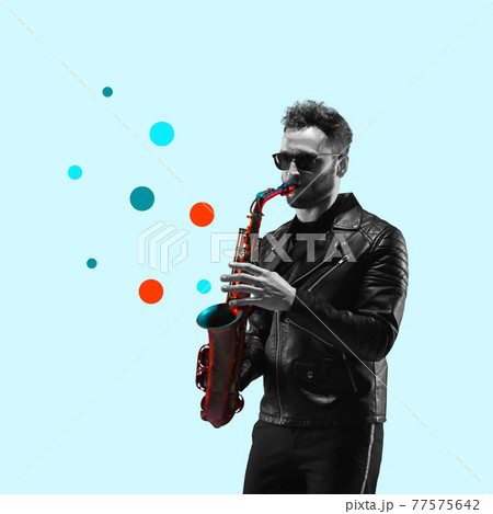 Contemporary art collage, modern design. Retro style. Stylish hipster, man playing saxophone on blue background 77575642