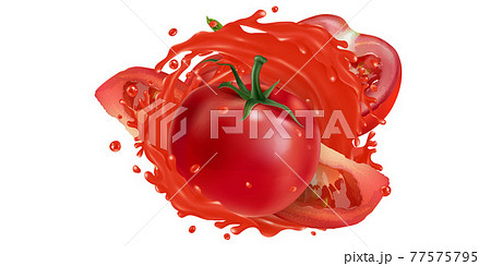 Whole and sliced tomatoes in a vegetable juice splash. 77575795