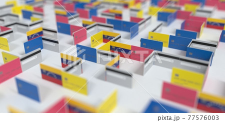 Fictional credit card maze with flag of Venezuela. Financial difficulties related 3D rendering Fictional credit card maze with flag of Venezuela. Financial difficulties related 3D rendering 77576003