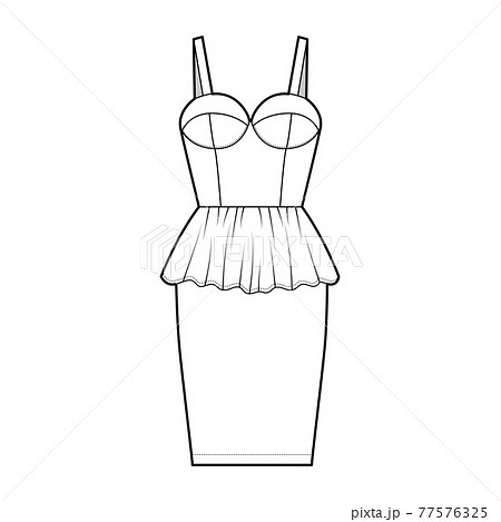 Peplum bustier dress technical fashion illustration with shoulder straps, cups, fitted body, knee length skirt apparel  77576325