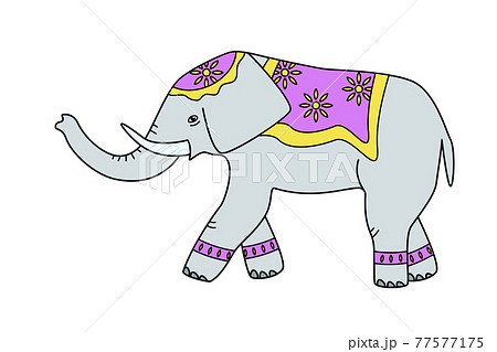 Cartoon drawn elephant with a blanket on its back and on its head. Indian tribal elephant decorated, vector illustration. Cartoon drawn elephant with a blanket on its back and on its head. Indian tribal elephant decorated, vector illustration. 77577175