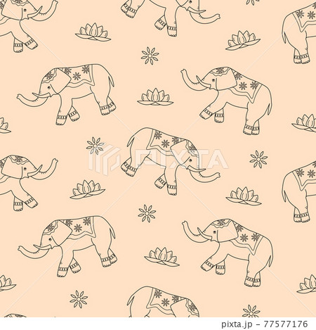 Seamless pattern of decorated elephant, lotus and flower patterns. The concept of Indian culture. Cute cartoon background. 77577176