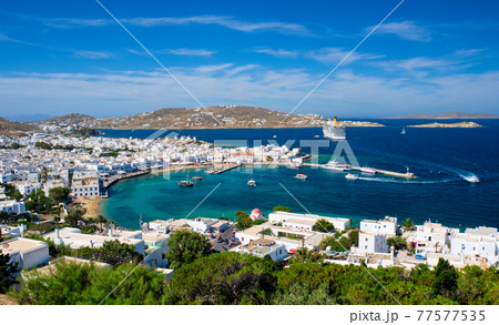 Mykonos island port with boats, Cyclades islands, Greece 77577535