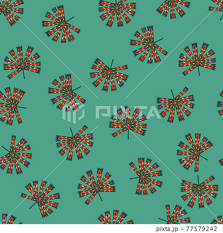 Abstract style seamless doodle pattern with random little folk licuala palm print. Turquoise background. Abstract style seamless doodle pattern with random little folk licuala palm print. Turquoise background. 77579242