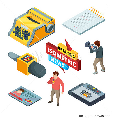 Video news and journalistic. Isometric pictures set of blogging and news symbols Video news and journalistic. Isometric pictures set of blogging and news symbols 77580111