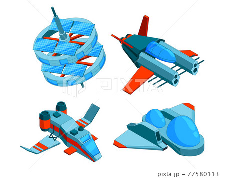 Spaceships isometric. Building technology of various types of ships cargo warship bomber and aerial 3d low poly spaceships isolated 77580113