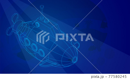 toy submarine in wireframe low poly mesh on blue underwater background. Children toys and entertainment. Underwater research. 3d vector toy submarine in wireframe low poly mesh on blue underwater background. Children toys and entertainment. Underwater research. 3d vector 77580245