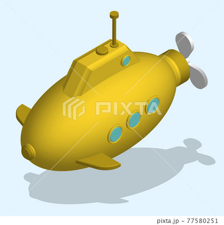 toy submarine in isometric view isolated on blue background. Children toys and entertainment. Underwater research. Realistic 3D vector toy submarine in isometric view isolated on blue background. Children toys and entertainment. Underwater research. Realistic 3D vector 77580251