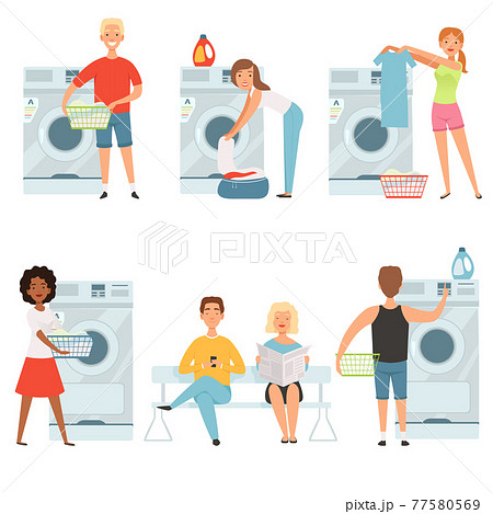 Laundry service characters. washing house mascot design Laundry service characters. washing house mascot design 77580569