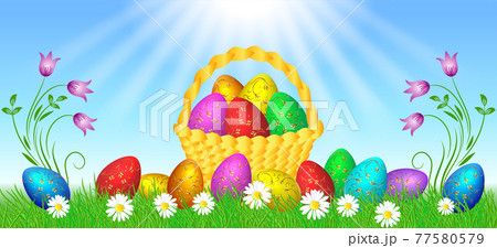 Easter eggs with decorative golden ornament on green grass and basket against sun rays Easter eggs with decorative golden ornament on green grass and basket against sun rays 77580579