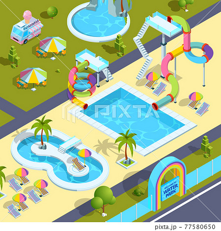 Pictures of outdoor attractions in water park. isometric illustrations 77580650