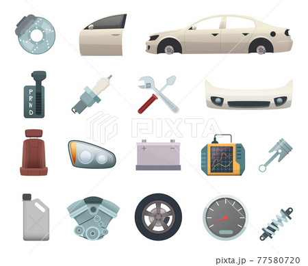 Car parts. Automobile creation kit with gear wheels disc engine transmission steel white door brown seat and headlight icons Car parts. Automobile creation kit with gear wheels disc engine transmission steel white door brown seat and headlight icons 77580720