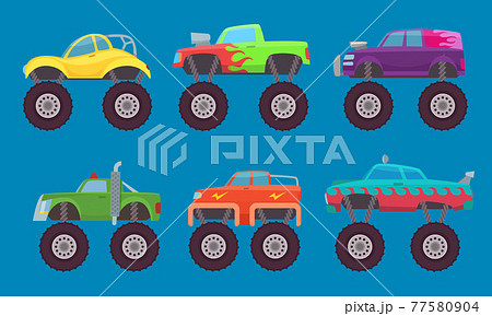 Monster truck cars. Automobiles with big wheels creature auto toy for kids pictures isolated Monster truck cars. Automobiles with big wheels creature auto toy for kids pictures isolated 77580904