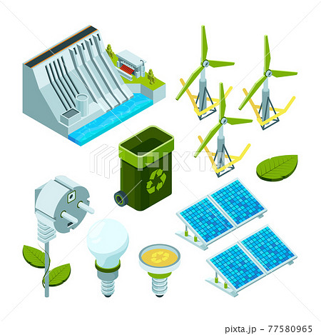 Green energy. Saving factory power electric hydro turbines ecosystem various technology 3d isometric symbols 77580965
