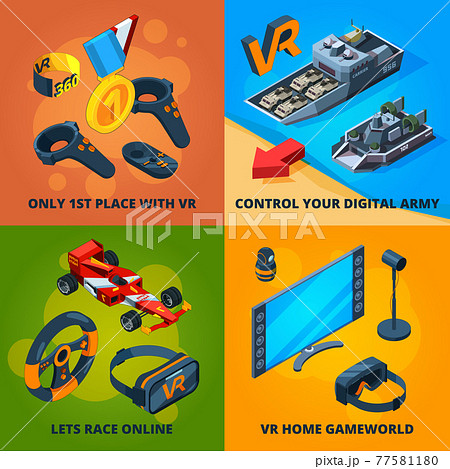 VR computer games. Digital entertainment immersive experience peoples playing virtual reality helmet headset concept isometric 77581180