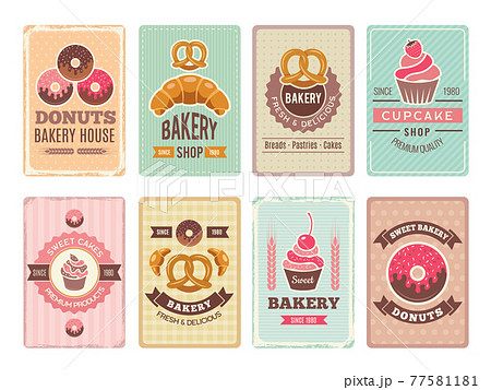 Bakery cards design. Fresh sweet foods cupcakes donuts and other baking products illustrations for vintage menu in retro style Bakery cards design. Fresh sweet foods cupcakes donuts and other baking products illustrations for vintage menu in retro style 77581181