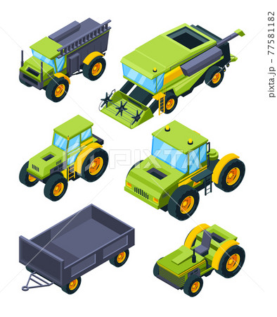 Isometric illustrations of combine, tractor and other various agriculture machines Isometric illustrations of combine, tractor and other various agriculture machines 77581182