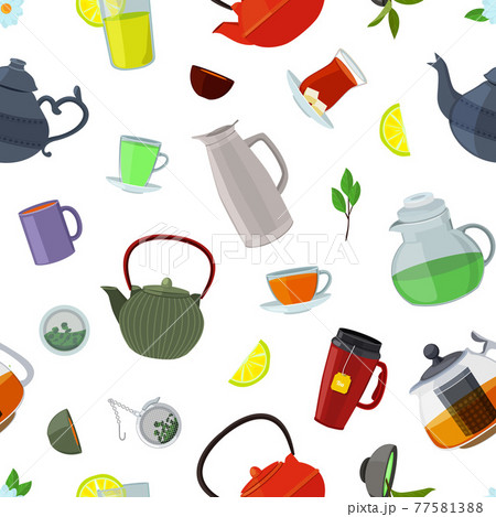 cartoon tea kettles and cups pattern or background illustration 77581388