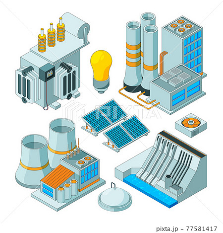 Electrical equipment. Watt electricity lighting generators isometric pictures isolated 77581417