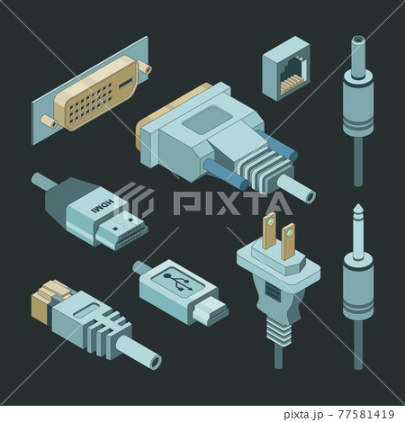Plug connectors. Vga hand drawnmi video cable electricity power usb port socket adapters isometric Plug connectors. Vga hand drawnmi video cable electricity power usb port socket adapters isometric 77581419