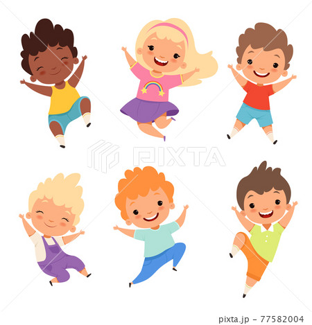Jumping kids. Happy school children smile laugh boys and girls playing cartoon characters 77582004