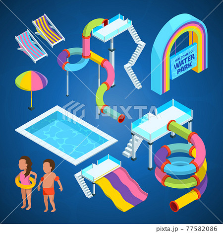 Isometric pictures of water park. Various attractions at swimming pools 77582086