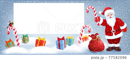 Cartoon Santa Claus  wit striped candy and gift box anr big Christmas bag near billboard for layout congratulation or letter with list wish to Santa Claus 77582096