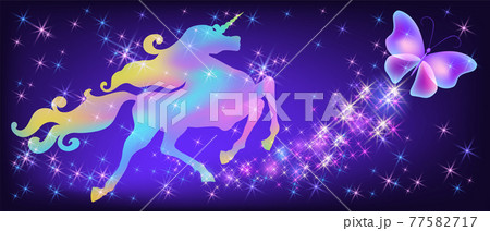 Iridescent unicorn with luxurious winding mane and butterfly against the background of the fantasy universe with sparkling stars Iridescent unicorn with luxurious winding mane and butterfly against the background of the fantasy universe with sparkling stars 77582717