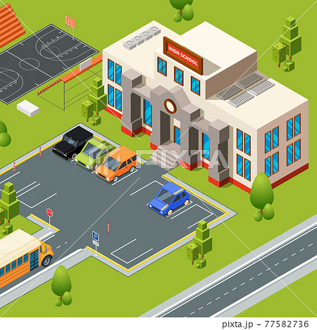 Exterior of school. Territory of institute or high school with stadium Exterior of school. Territory of institute or high school with stadium 77582736