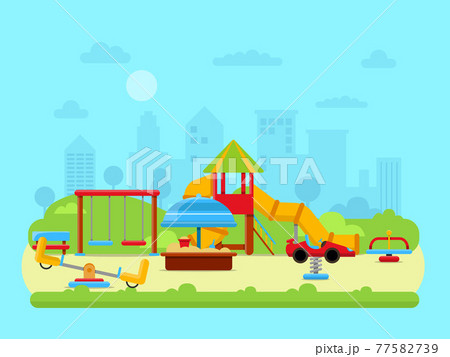 illustration of urban landscape with park and childrens playground 77582739