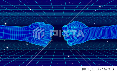Fist bump concept with cyberpunk human and machine hands in 80s neon and grid style 77582913