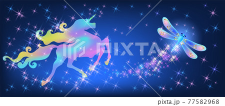 Iridescent unicorn with luxurious winding mane and dragonfly against the background of the fantasy universe with sparkling stars 77582968