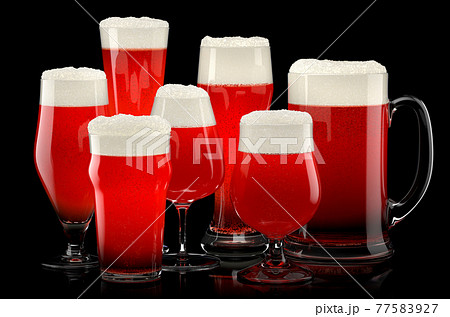 Set of fresh stout beer glasses with bubble froth isolated on black background. Set of fresh stout beer glasses with bubble froth isolated on black background. 77583927