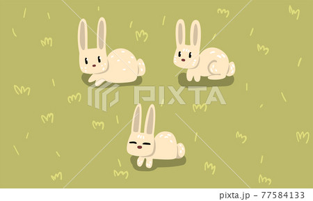 Small White Bunny in Different Poses on Green Grass or Lawn Vector Set 77584133