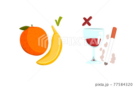 Harmful and Healthy Habits with Alcohol, Cigarette and Fruit Nutrition Vector Set Harmful and Healthy Habits with Alcohol, Cigarette and Fruit Nutrition Vector Set 77584320
