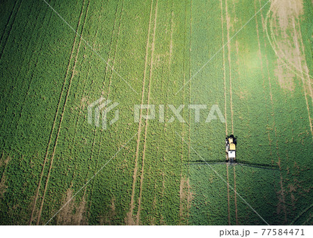 Agriculture green field with tractor 77584471