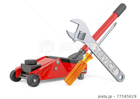 Service and repair of hydraulic floor jack. 3D rendering Service and repair of hydraulic floor jack. 3D rendering 77585629