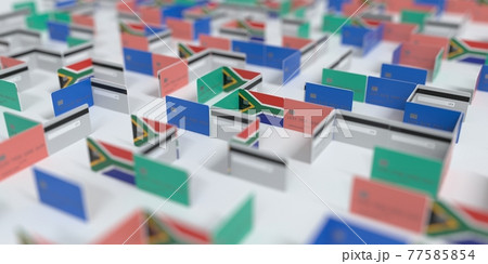 Flag of South Africa on the mockup credit card maze. Financial problems related 3D rendering Flag of South Africa on the mockup credit card maze. Financial problems related 3D rendering 77585854
