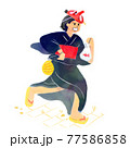 天狗のお面をつけて、着物姿で走る女性 77586858
