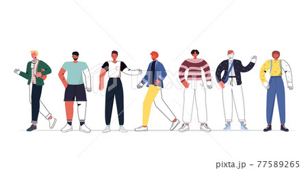 set mix race men in casual trendy clothes male cartoon characters collection full length horizontal 77589265